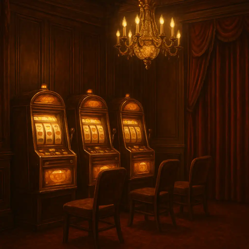 Vintage casino club interior with bronze slot machines and velvet curtains