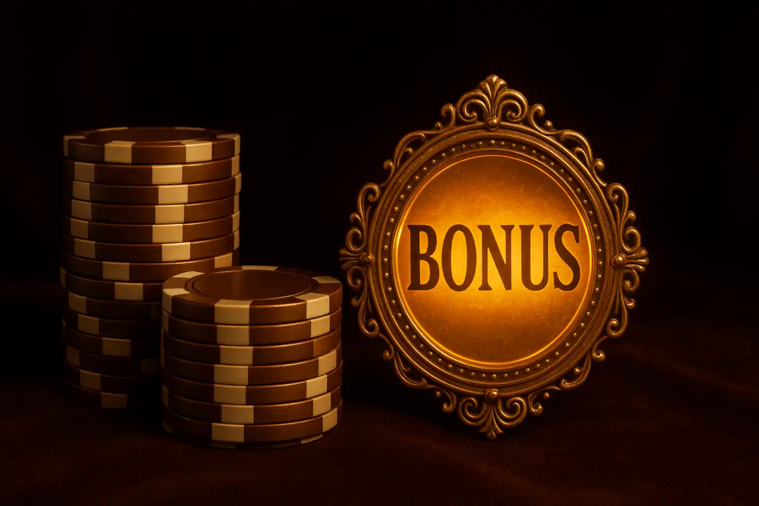 Stack of bronze casino chips beside a glowing bonus badge