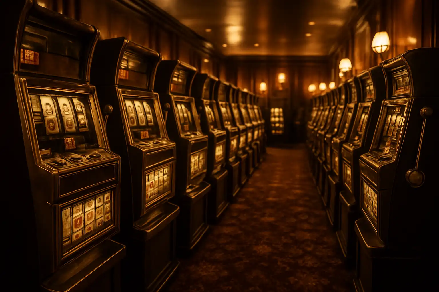 Row of vintage slot machine cabinets glowing with bronze trim